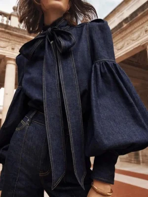 Bow High-Neck Denim Blouse
