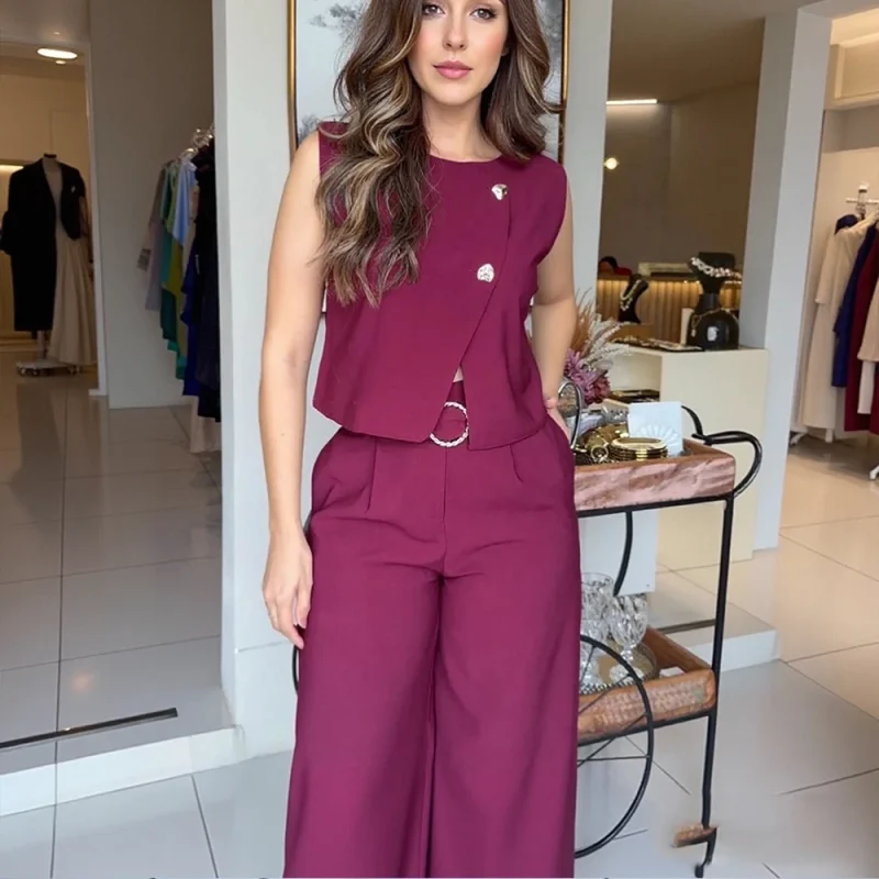 2025 Women's Sleeveless Belted Pants Set - Image 3