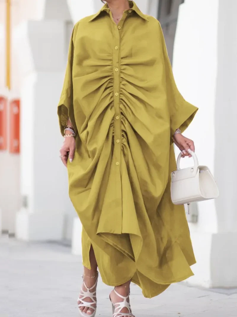 Pleated Lapel Shirt Dress - Image 2