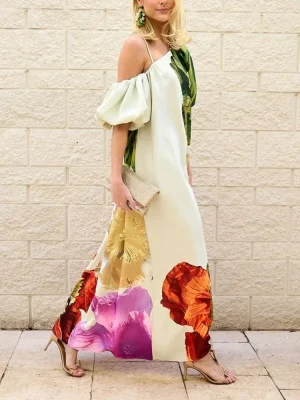 Elegant Floral One Shoulder Maxi Dress
