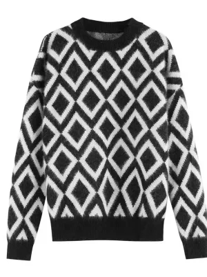 Vintage Plaid Knit Sweater Autumn Loose Pullover Top