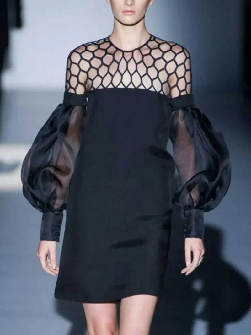 Sexy Hollow Puff Sleeve Mini Dress - Image 2