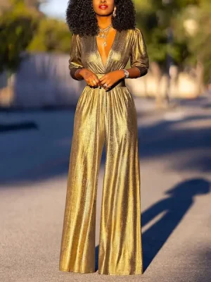 Shiny Deep V Jumpsuit