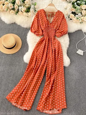 Summer Polka Dot V-Neck Wide Leg Jumpsuit