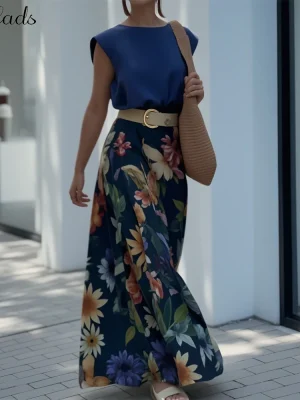 Solid Top & Floral Skirt Set