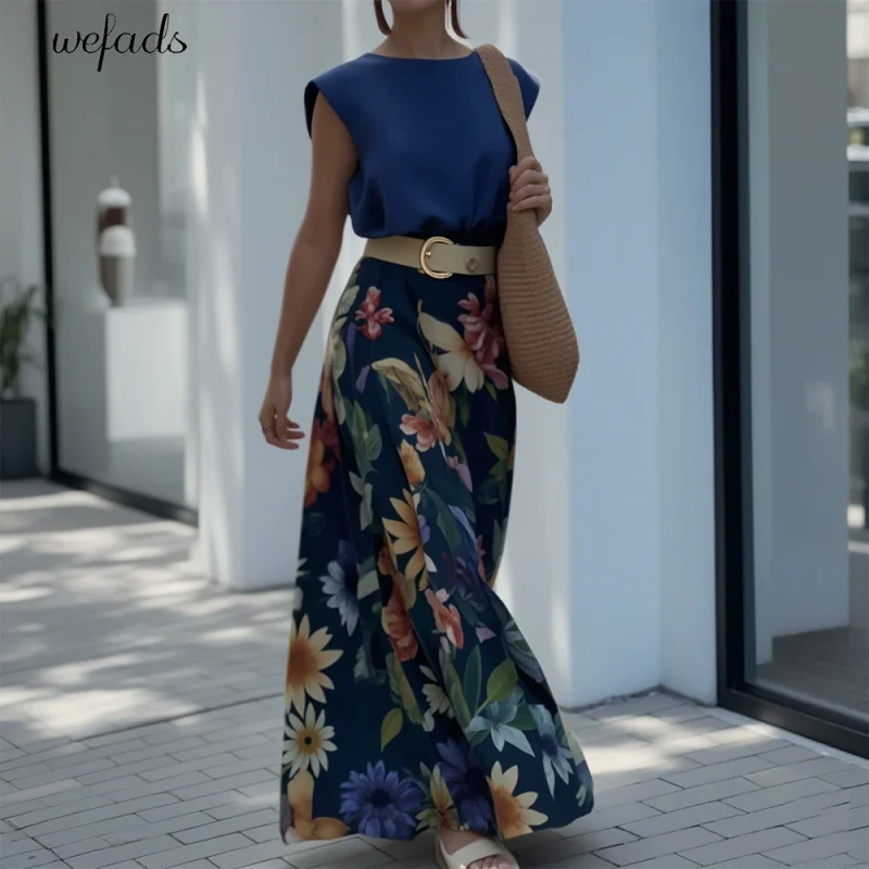 Solid Top & Floral Skirt Set