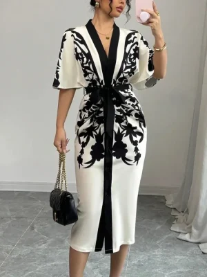 Flower Print Tied Waist Midi Dress
