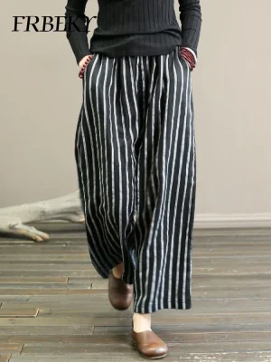 Summer Vintage Striped Cotton Linen Wide-Leg Pants