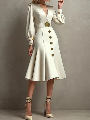 Elegant V-Neck Puff Sleeve Midi Dress