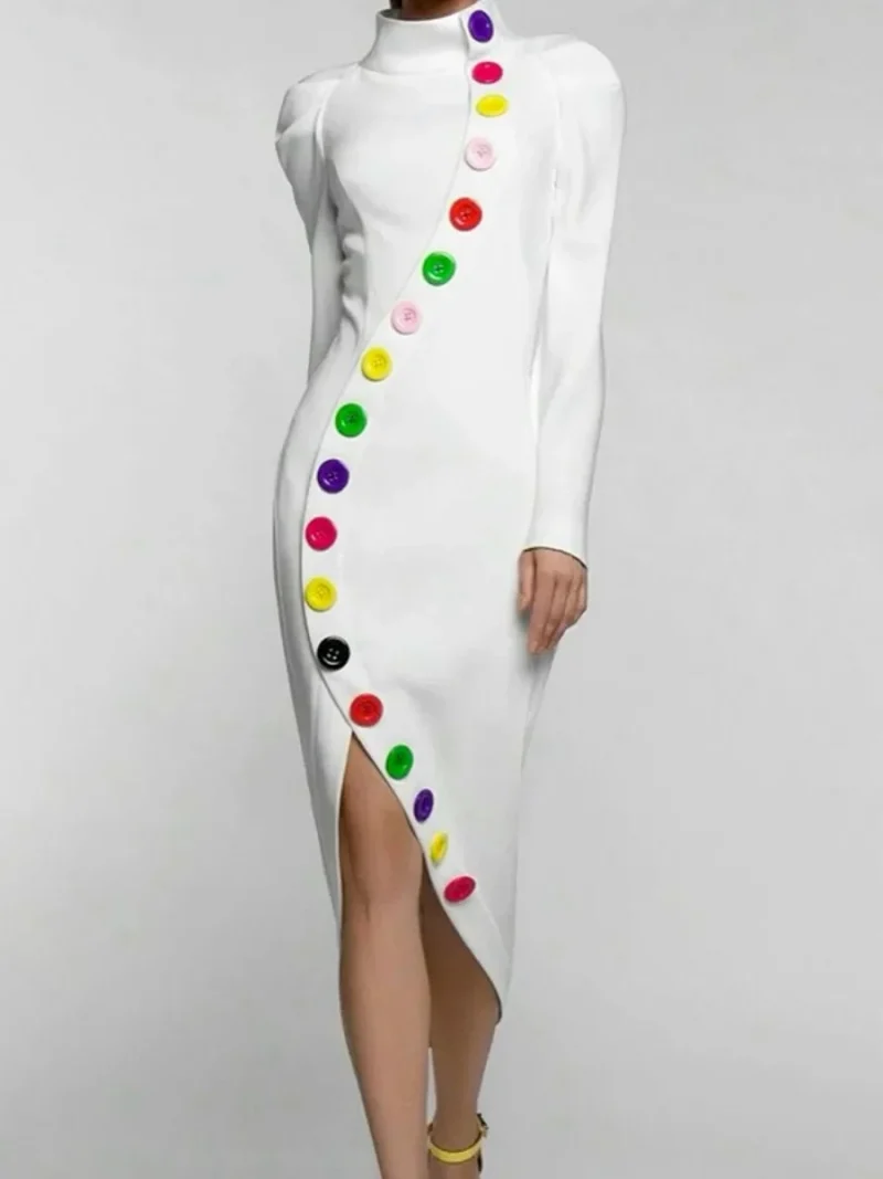 Colorful Buttoned High-Neck Dress
