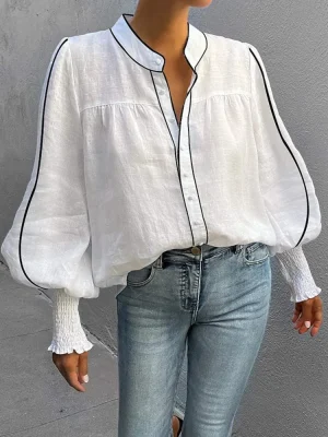 Contrast Cotton Puff Sleeve Blouse