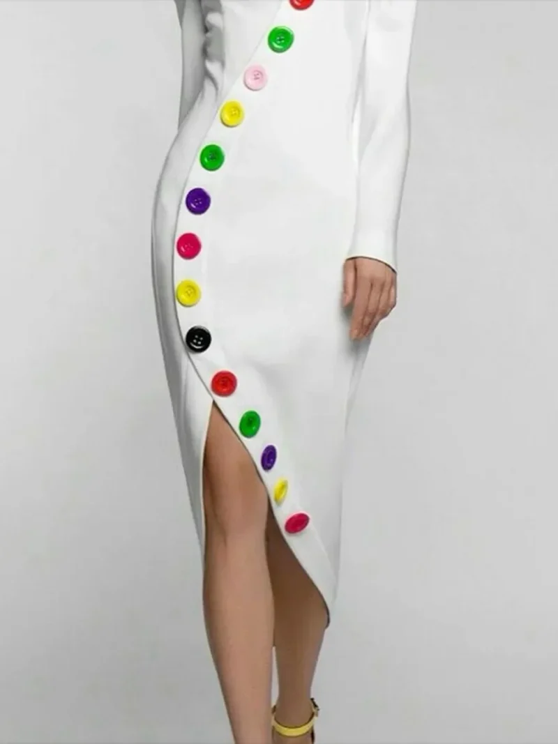Colorful Buttoned High-Neck Dress - Image 4
