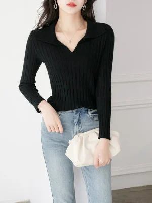 Lapel Knit Sweater Women’s Slim Fit Pullover