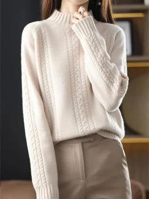 Women's Solid Color Knit Sweater with Twist Sleeves