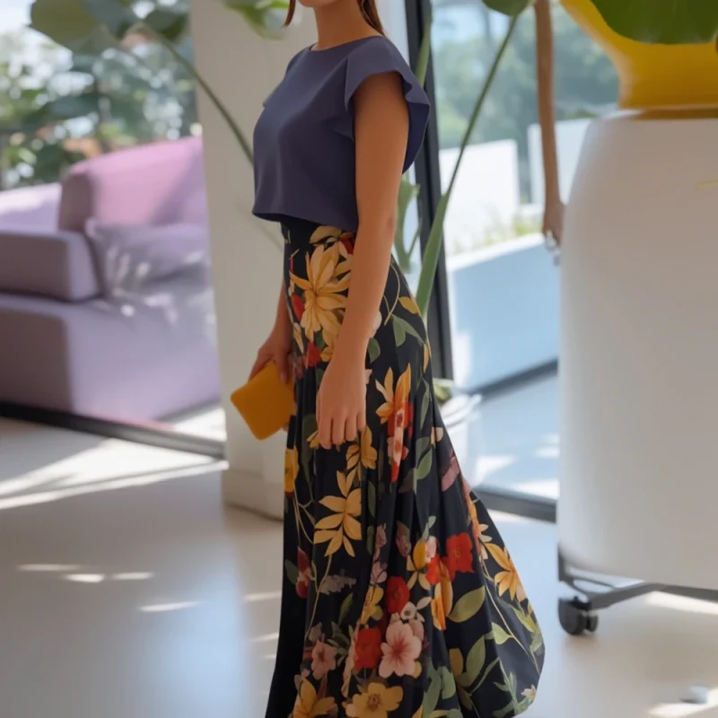 Solid Top & Floral Skirt Set - Image 5
