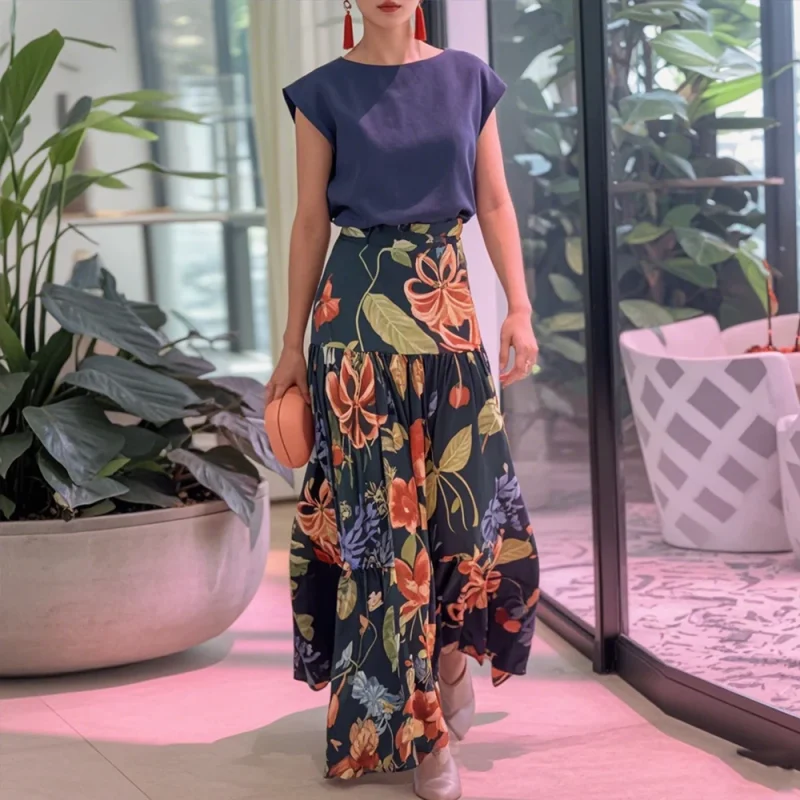 Solid Top & Floral Skirt Set - Image 2