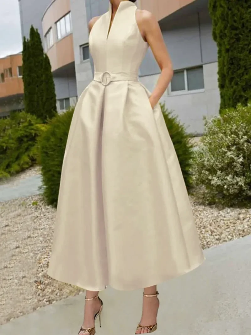 Elegant Belted A-line Midi Dress - Image 2