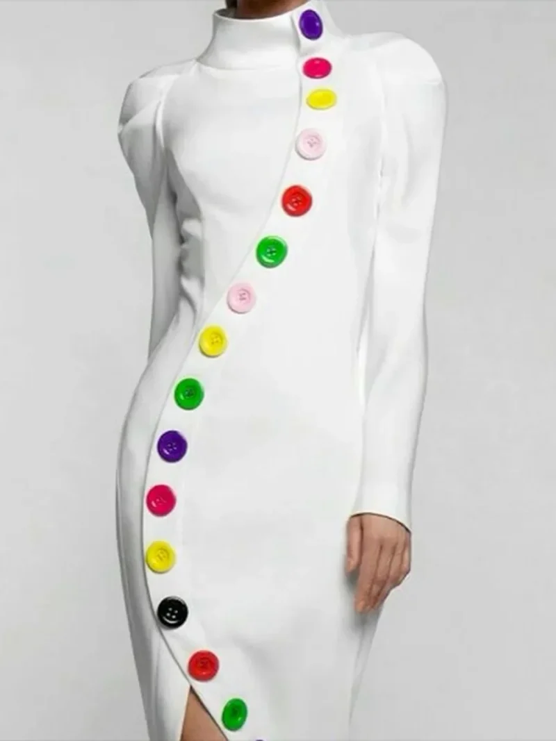 Colorful Buttoned High-Neck Dress - Image 3