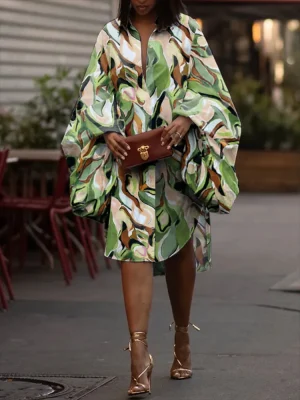 Printed Lapel Puff Sleeve Dress