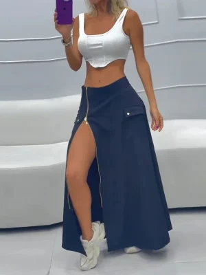 Summer Sleeveless Top & Zipper Slit Skirt Set