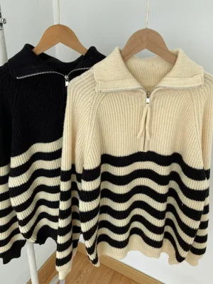 Striped Zipper Knit Sweater High Collar Oversized