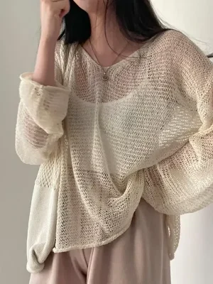 Irregular Hollow Knit Sweater Women’s Loose Pullover