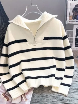 Striped Zipper Pullover Sweater Korean Street Style
