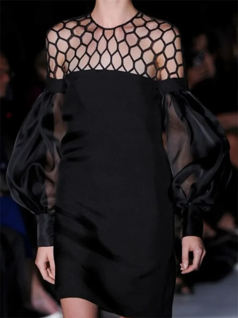 Sexy Hollow Puff Sleeve Mini Dress - Image 3