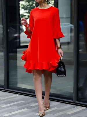 Elegant Red Falbala Midi Dress
