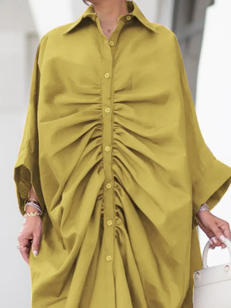Pleated Lapel Shirt Dress - Image 3
