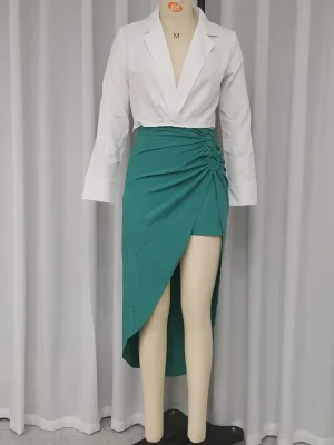 Chic V-Neck Shirt & Pleated Skirt Set