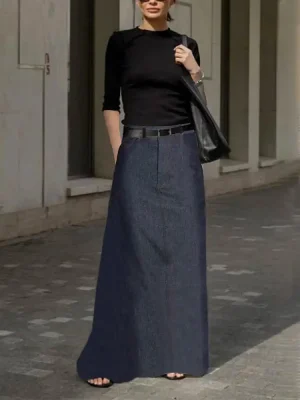 High Waist Imitation Denim Maxi Skirt