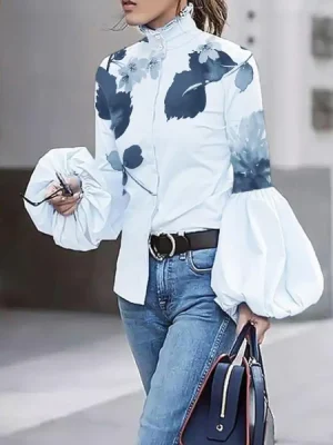 Leaves Print High Neck Blouse