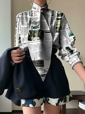 Korean Letter Print Tie Blouse