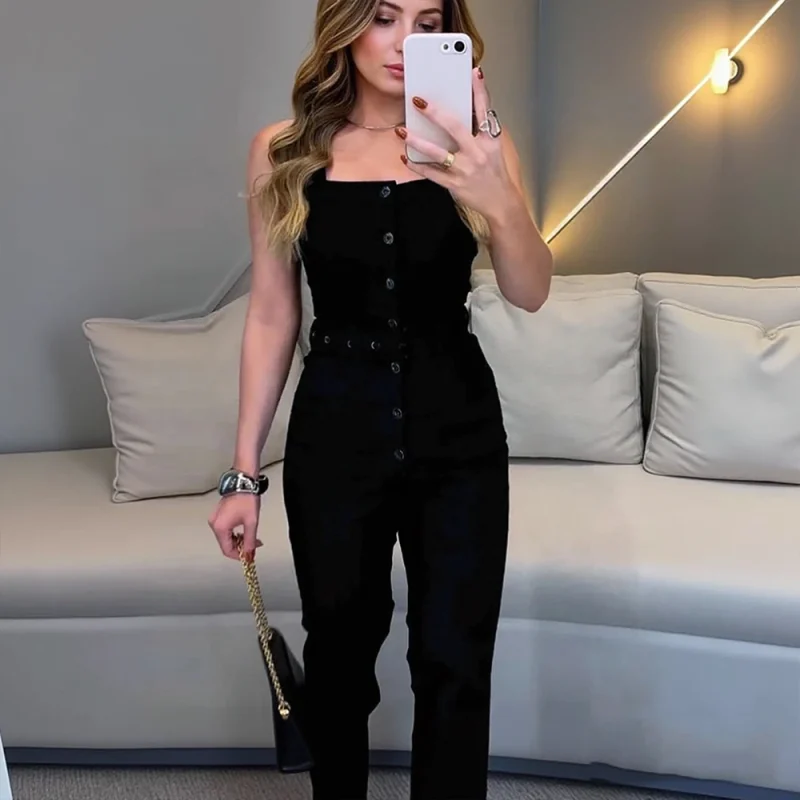 Black Sleeveless Button-Up Jumpsuit - Image 4