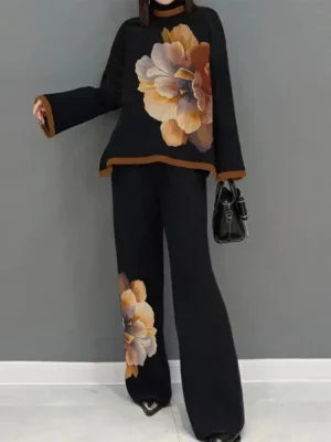 Vintage Floral High-Neck Top & Wide-Leg Pants Set
