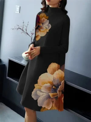 Vintage Floral High-Neck Midi Dress