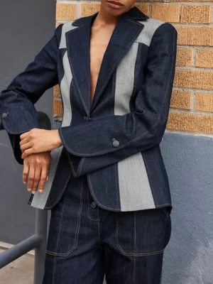 Contrast Lapel Single-Button Blazer