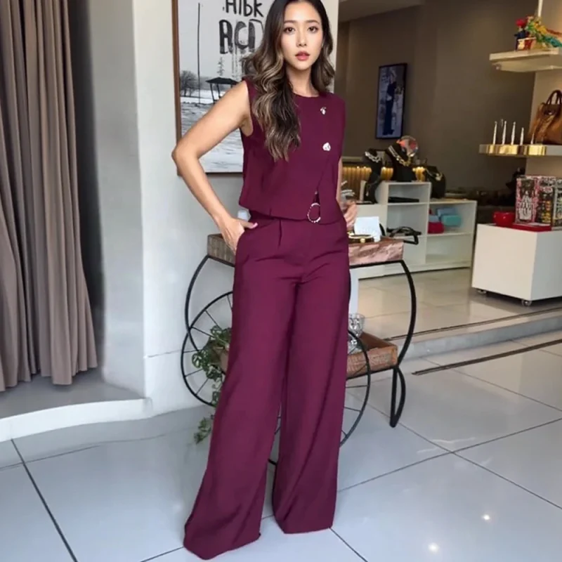 2025 Women's Sleeveless Belted Pants Set - Image 2