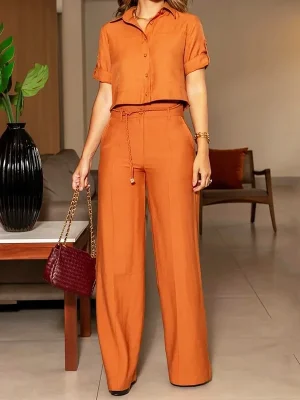Lapel Shirt & Wide Leg Pants Set