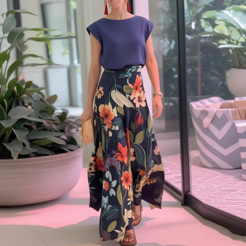 Solid Top & Floral Skirt Set - Image 4
