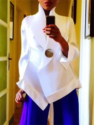 White Stand Collar Button Blouse