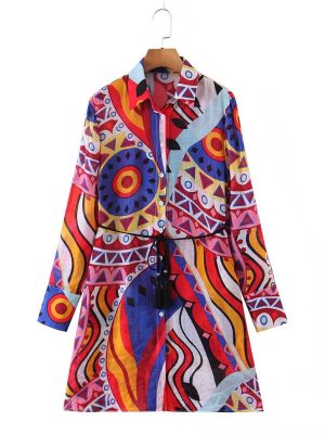 Summer Lapel Waist Tie Vintage Print Dress