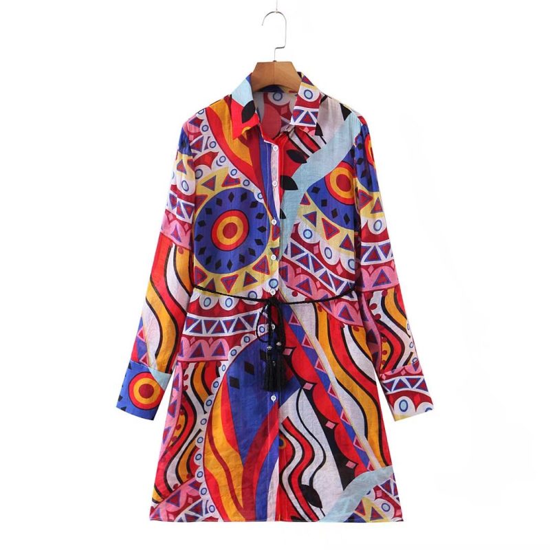 Summer Lapel Waist Tie Vintage Print Dress