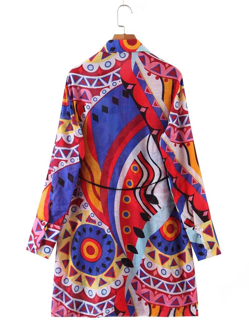 Summer Lapel Waist Tie Vintage Print Dress - Image 2