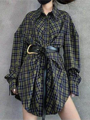 Korean Retro Plaid Belted Mid-Length Shirt Dress