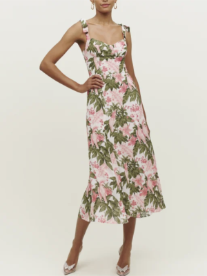 Slim Fit Printed Lace-Up Bow Strap Dress