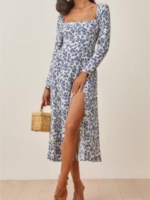 French Vacation Blue Print Slit Dress