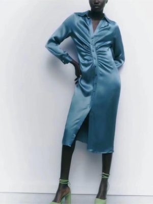Elegant Summer Pleated Satin Shirt Dress Women
