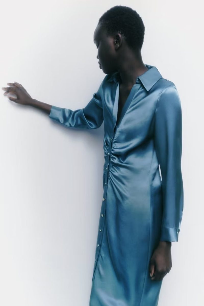 Elegant Summer Pleated Satin Shirt Dress Women - Image 2